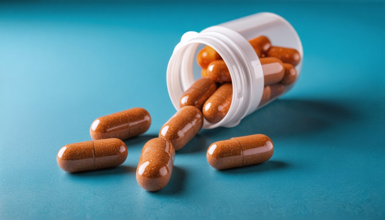 Bottles of men's sexual health supplements and capsules on a table with a comparison chart in the background